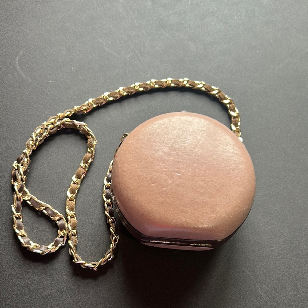 Avocadoe round leather taupe crossbody 5.5” x 5”